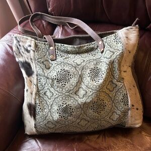 Myra Bag Cowhide, Leather and canvas tote Brown and turquoise Patterned Tote